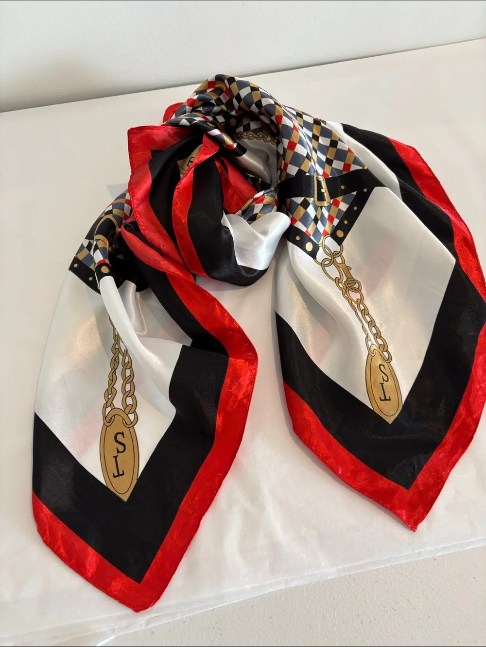 Vintage satin equestrian print neck scarf geometric & chain print red white blue - Picture 6 of 11